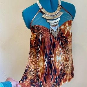 Bebe animal print Necklace halter top brown gold going out top party top